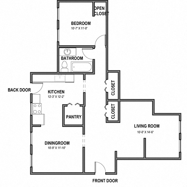 Floor plan for 1 bed, 1 bath, 774 sqft
